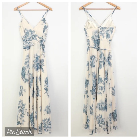 Lulu’s Off White/Cream and Blue Floral Print Wrap Maxi Dress - Picture 4 of 13